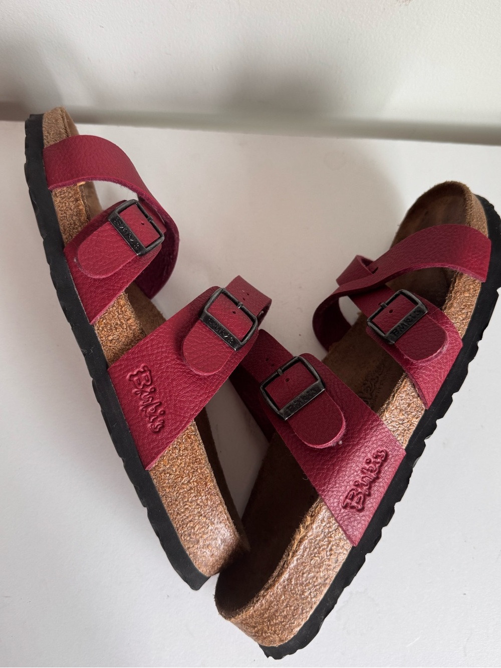 Birki’s Nepal Red Leather Dual Buckle Strap Cork Slide Sandals Unisex W8 M6 - Picture 7 of 8